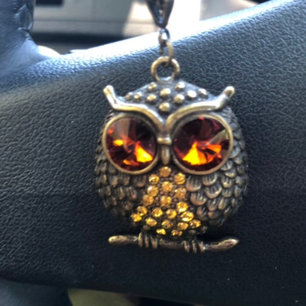 Antique Gold Owl Pendant Necklace with Amber Gemstone Eyes Vintage Unique Whoo